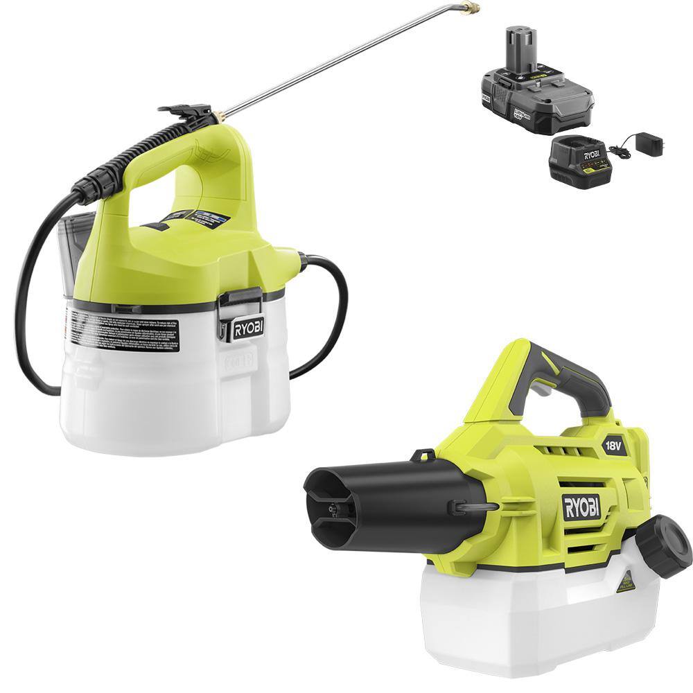 RYOBI ONE+ 18V Cordless Battery 1 Gal. Chemical Sprayer and Cordless FoggerMister (2-Tool) with 1.3 Ah Battery and Charger P2810-P2805BTL