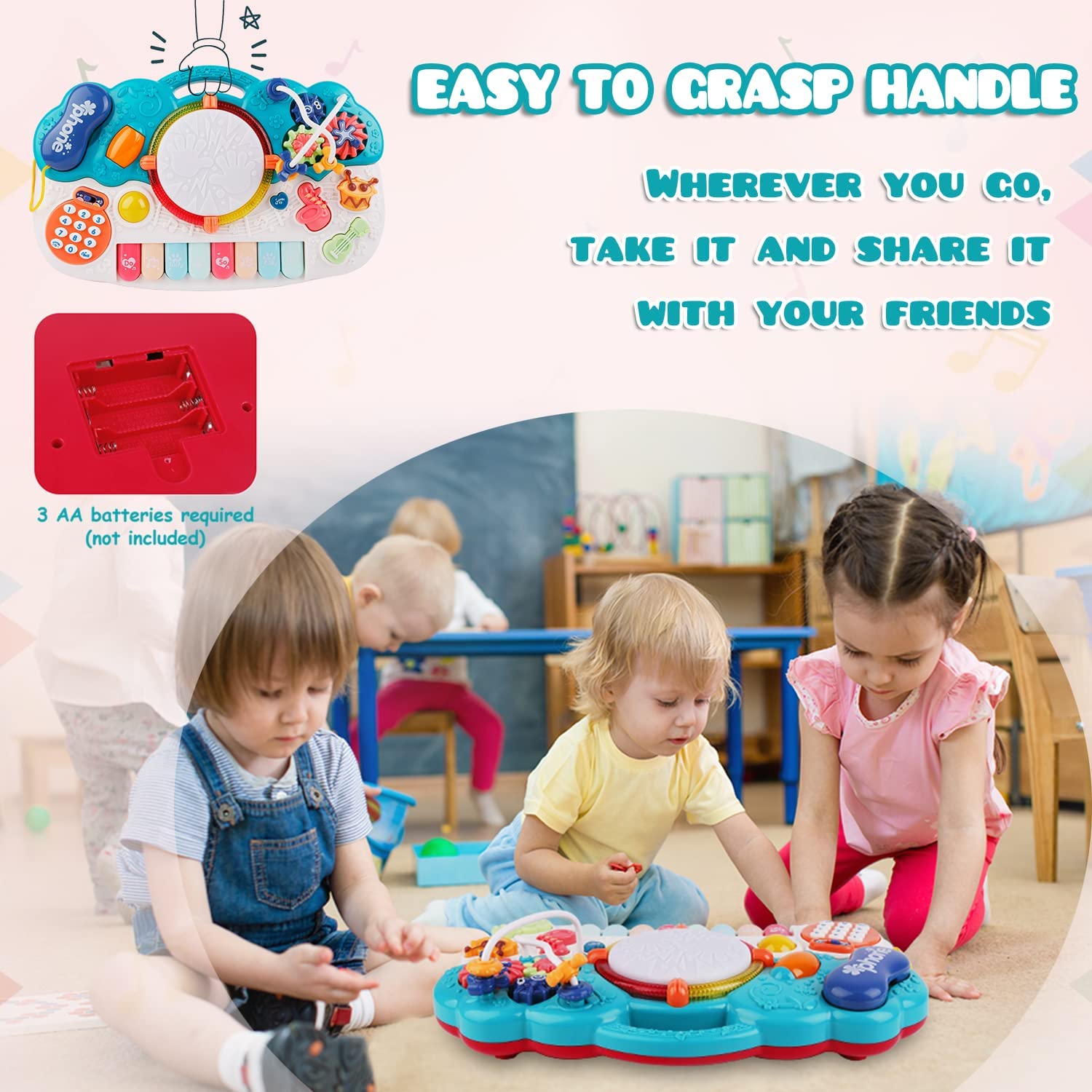 Musical Toys for Toddlers 1-3 ， 6 in 1 Multifunction Baby Musical Toys Piano Drum Set Bead Maze Gear Kids Phone Toys Electronic Learning Toys for Baby Infant Toddler Birthday Gifts for Kids