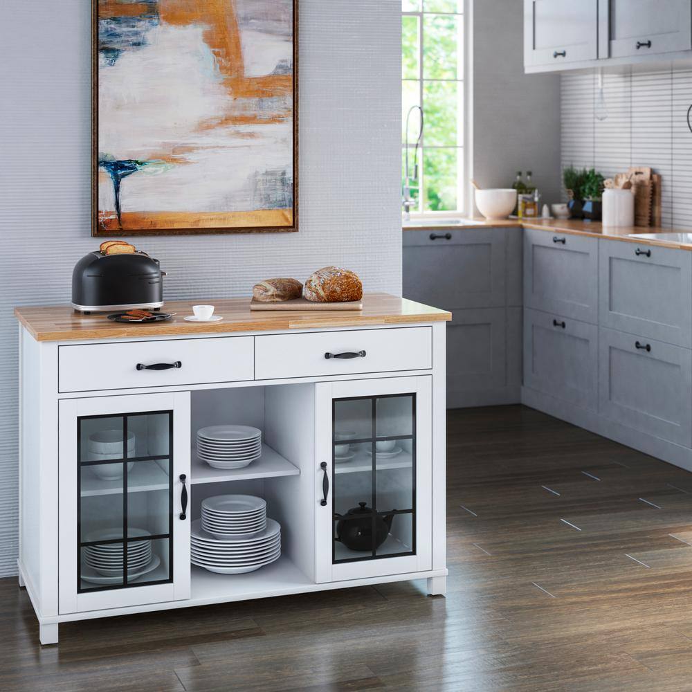 Twin Star Home Brilliant White and Wood Top 50 in. Kitchen Island with Cabinets and Optional Casters KC8671-PF08