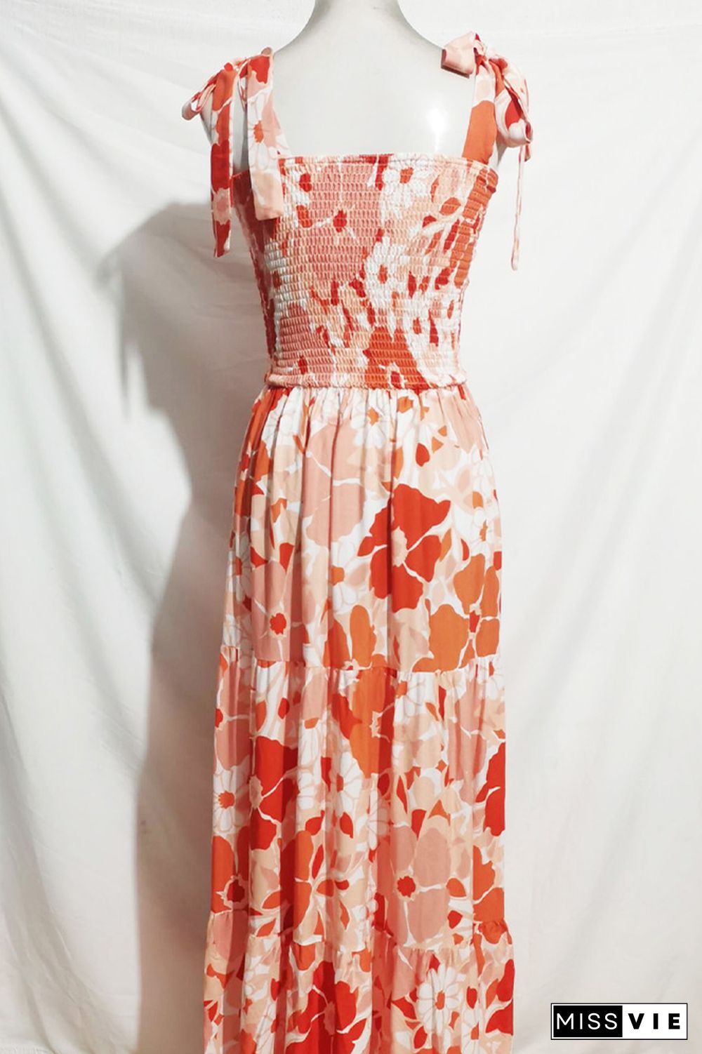 Orange Floral Tie Strap Smocked Maxi Dress