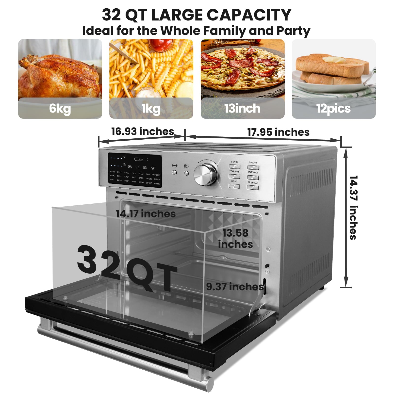 OIMIS  Air Fryer Toaster Oven, 32QT Countertop Convection oven, 9 Accessories, Stainless Steel, 1800W, Silver