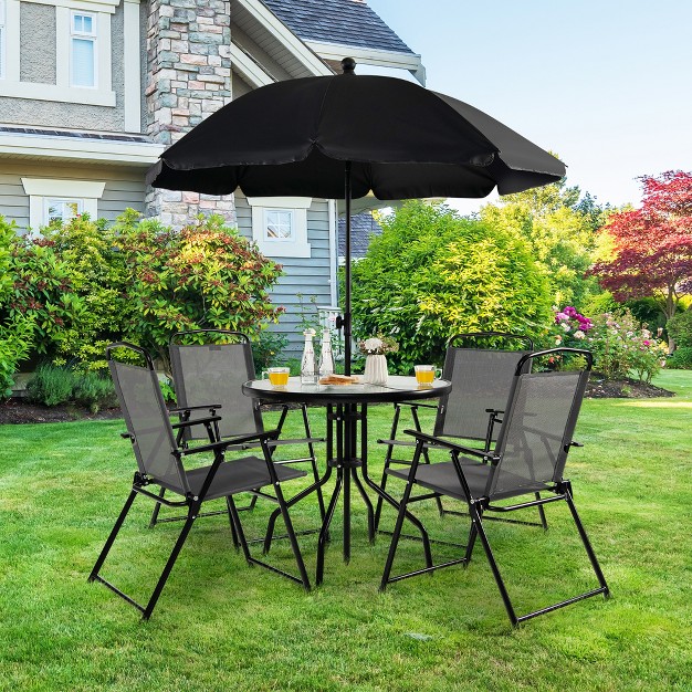 Costway 6 Pcs Patio Dining Set Folding Chairs Glass Table Tilt Umbrella Garden