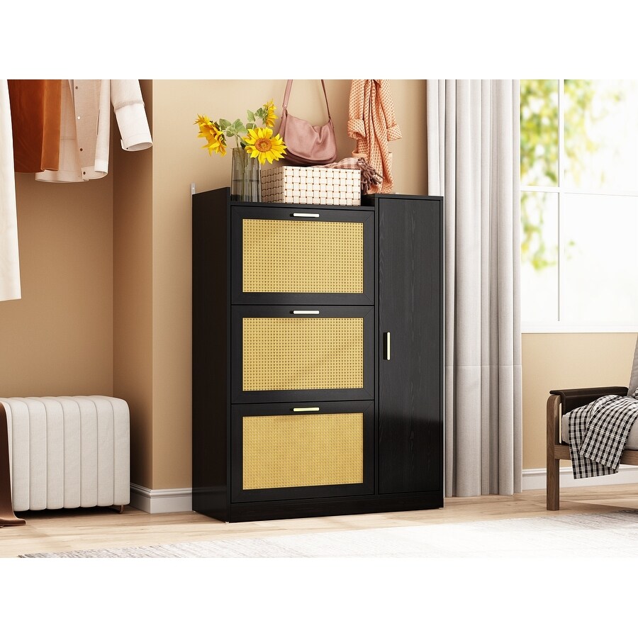 Sleek Black Multipurpose Cabinet with Rattan Detailing Shoe Cabinet