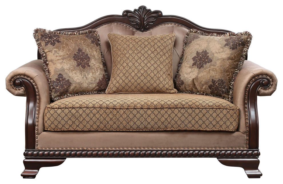 Loveseat With 3 Pillows  Fabric and Espresso Finish   Traditional   Loveseats   by Acme Furniture  Houzz