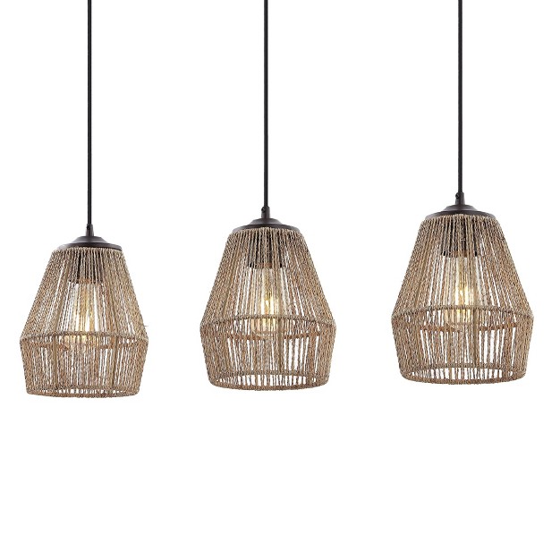 3 light Ibiza Island Woven Rope metal Bohemian Coastal Linear Pendant includes Led Light Bulb Jonathan Y