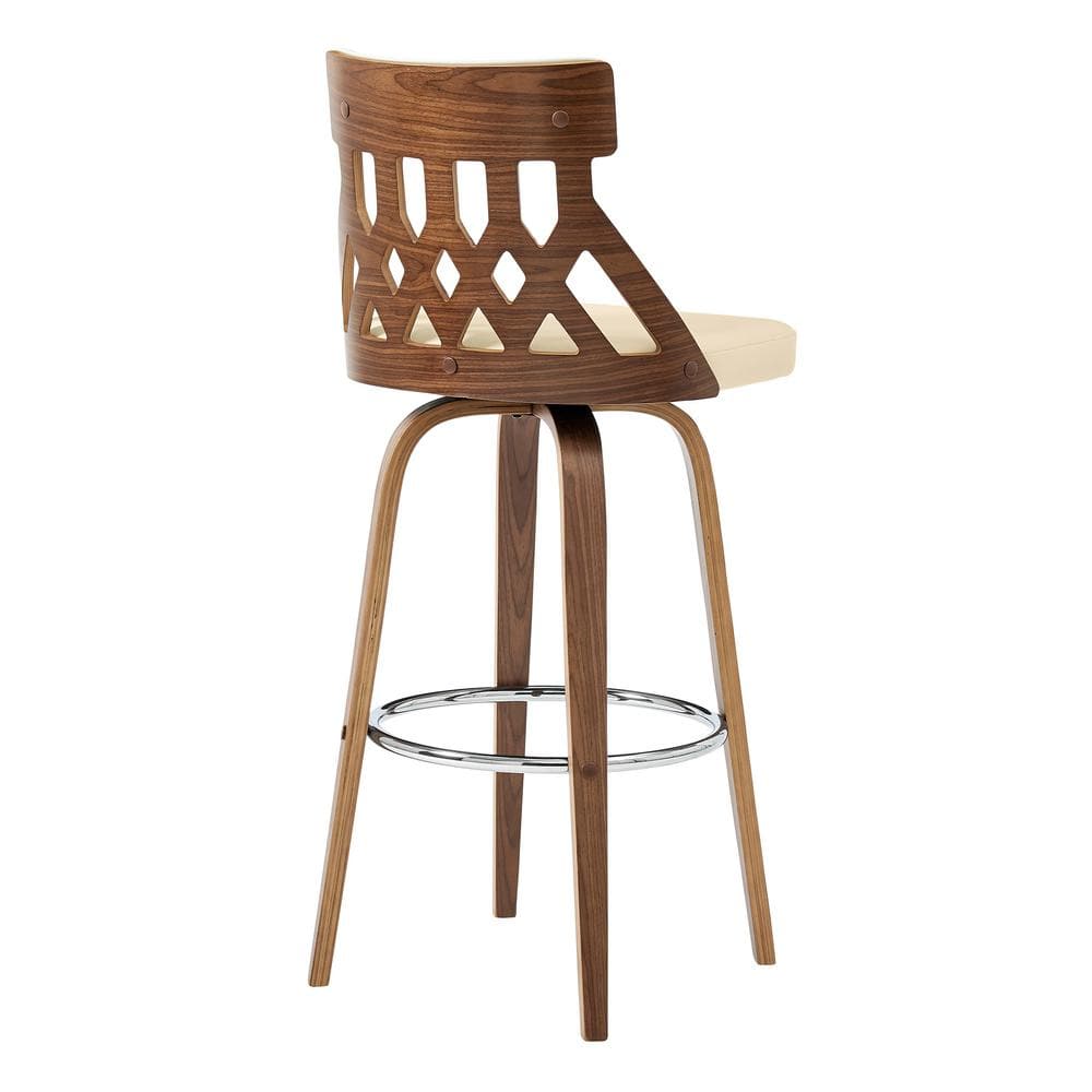 Armen Living Crux 30 in. Bar Height High Back Swivel Bar Stool in Cream Faux Leather and Walnut Wood LCCXBAWACR30