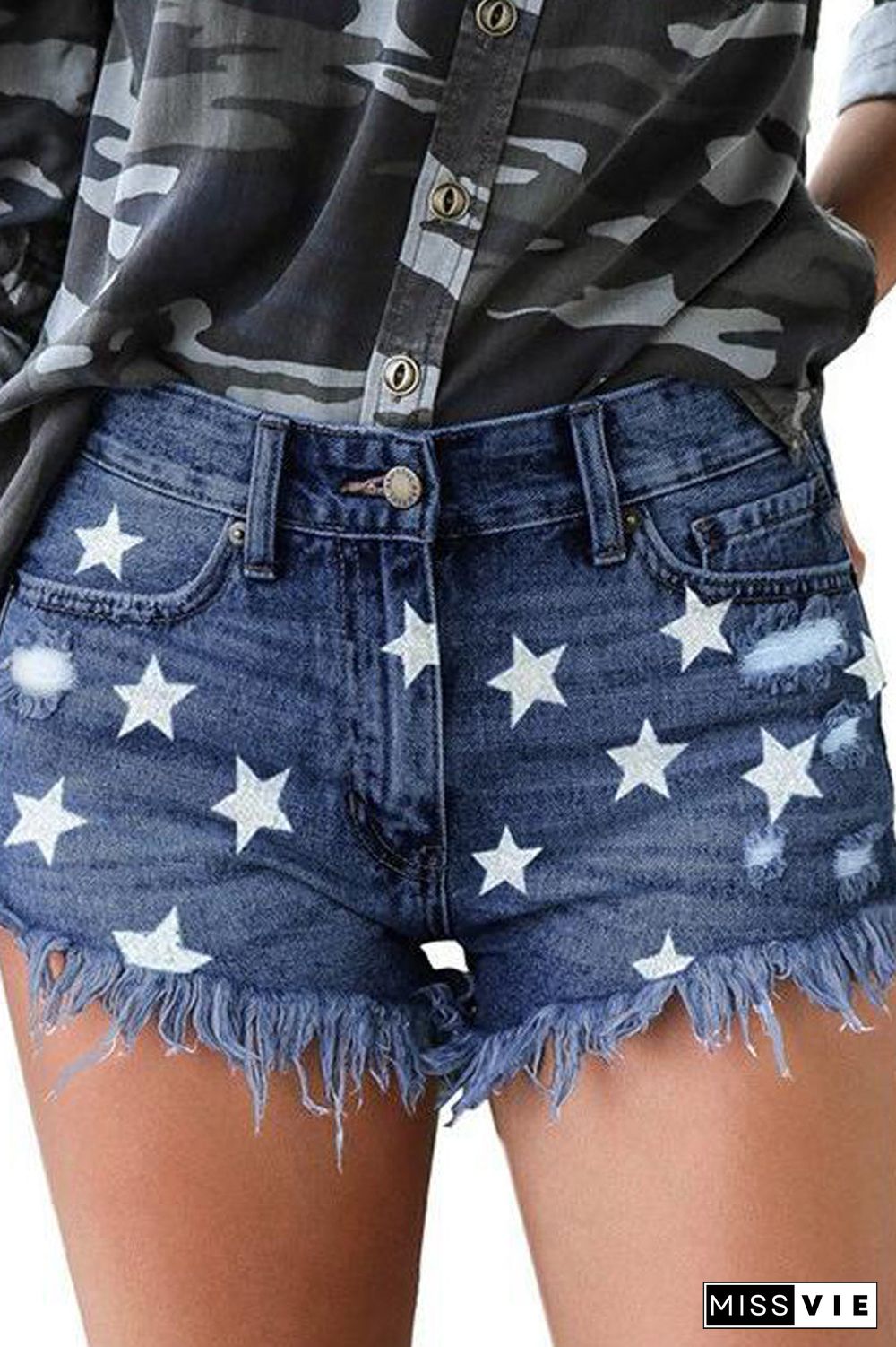 Star Printed Tassel Denim Hole Shorts