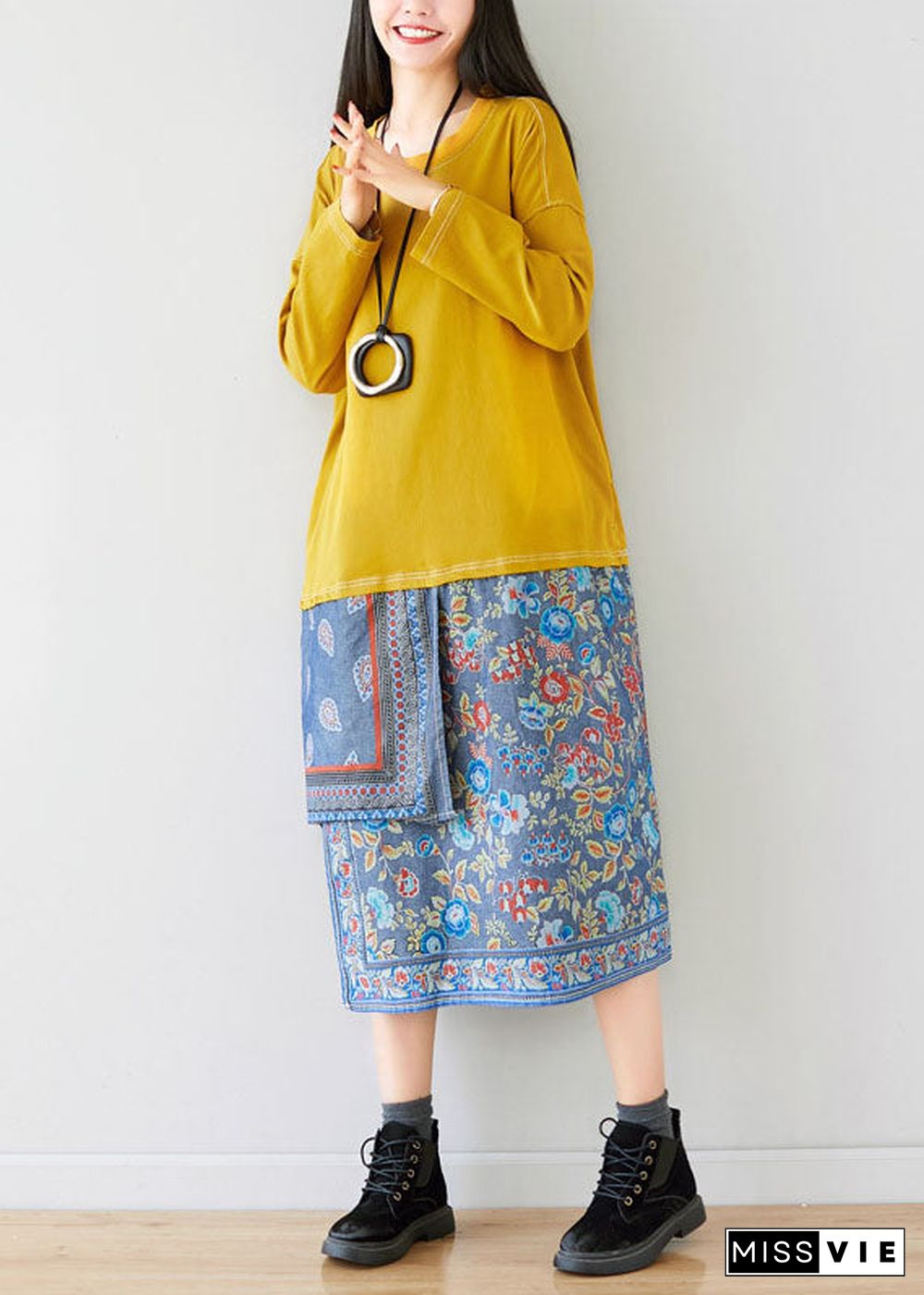 Loose Yellow O-Neck Asymmetrical Sweatshirt dresses Spring