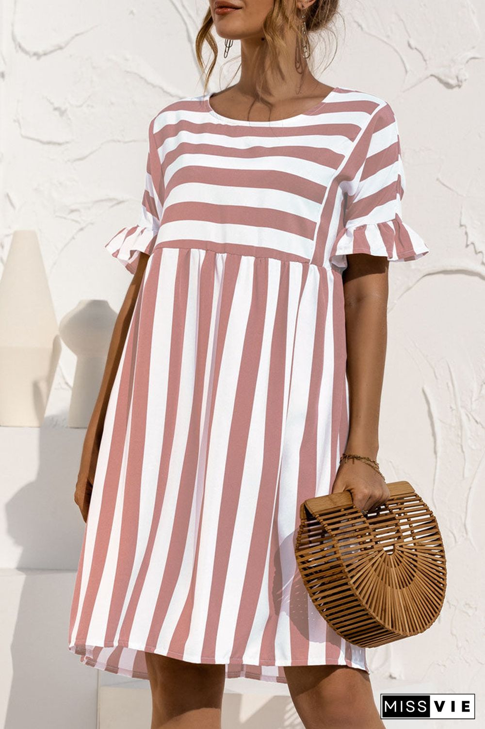 Fashion Casual Striped Split Joint O Neck A Line Dresses