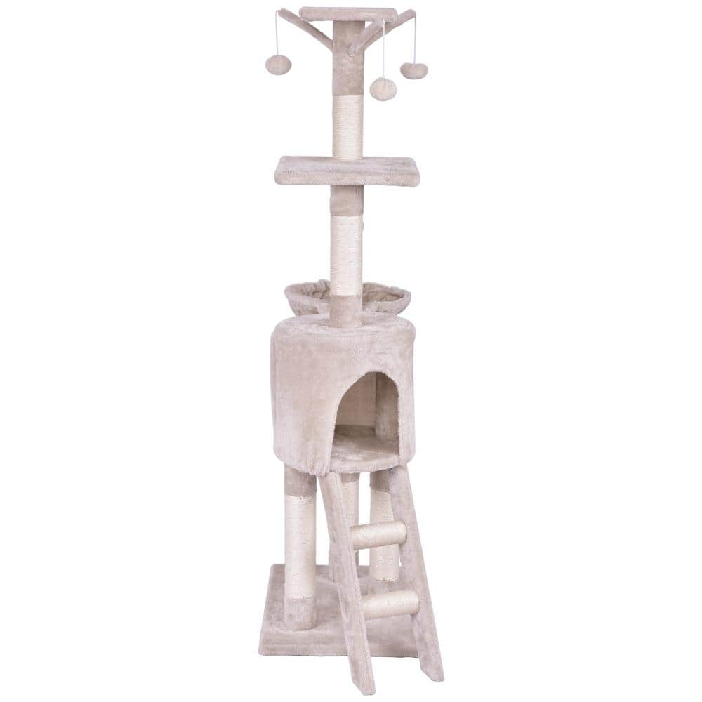 WELLFOR Beige Cat Trees and Scratch Posts Furniture Cover Kitten Climbing Tower Cat Condo with Sisal-Covered Posts and Ladder PS-HWY-7389BE