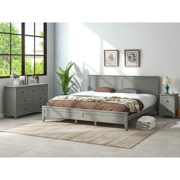 Solid Wood 3 Pieces Bedroom Sets， King Size Platform Bed + 1 Nightstand + 1 Dresser 7-Drawer， Modern Bedroom Set - - 38076212