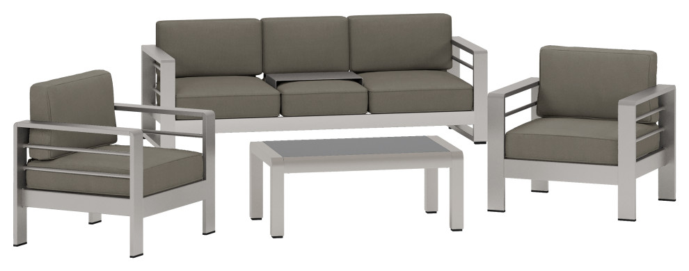 GDF Studio 4 Piece Coral Bay Outdoor Gray Aluminum Chat Set With Cushions   Contemporary   Outdoor Lounge Sets   by GDFStudio  Houzz