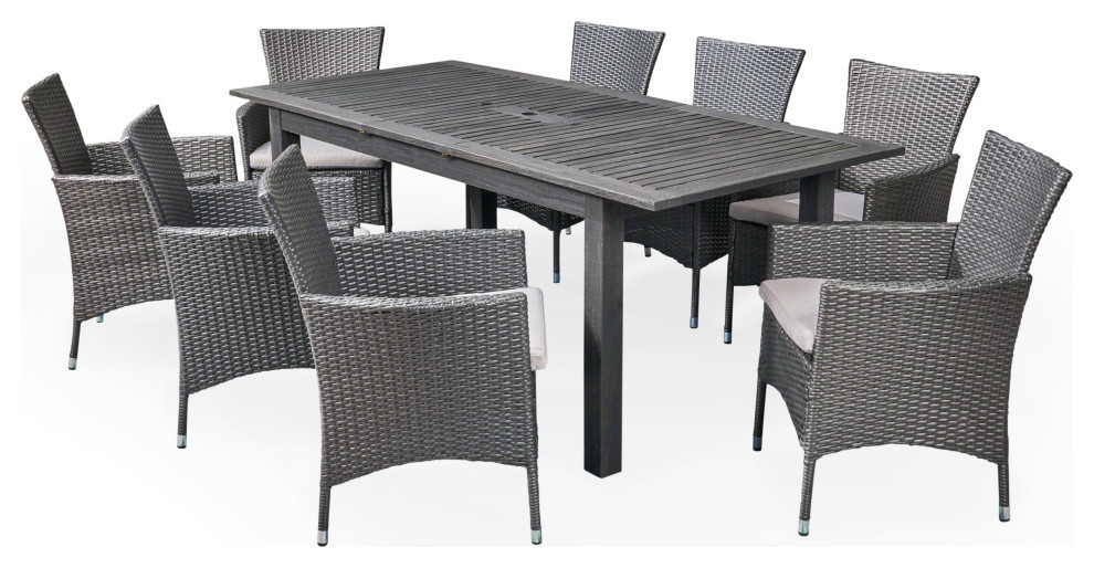 GDF Studio 9 Piece Austin Outdoor Wood/Wicker Expandable Dining Set   Tropical   Outdoor Dining Sets   by GDFStudio  Houzz