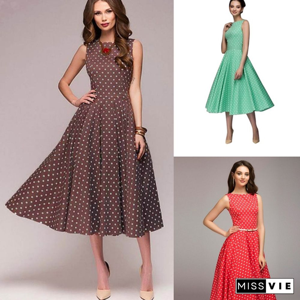 Vintage Polka Dot Swing Party Dresses Women Sleeveless O-neck Elegant Dress Casual Boho Midi Dress