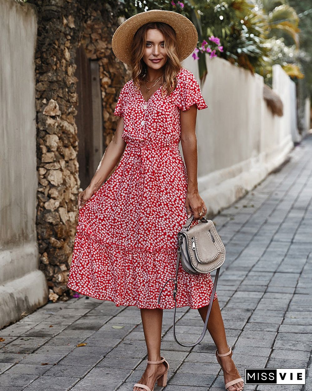 Floral V Neck Short Sleeve Long Dress