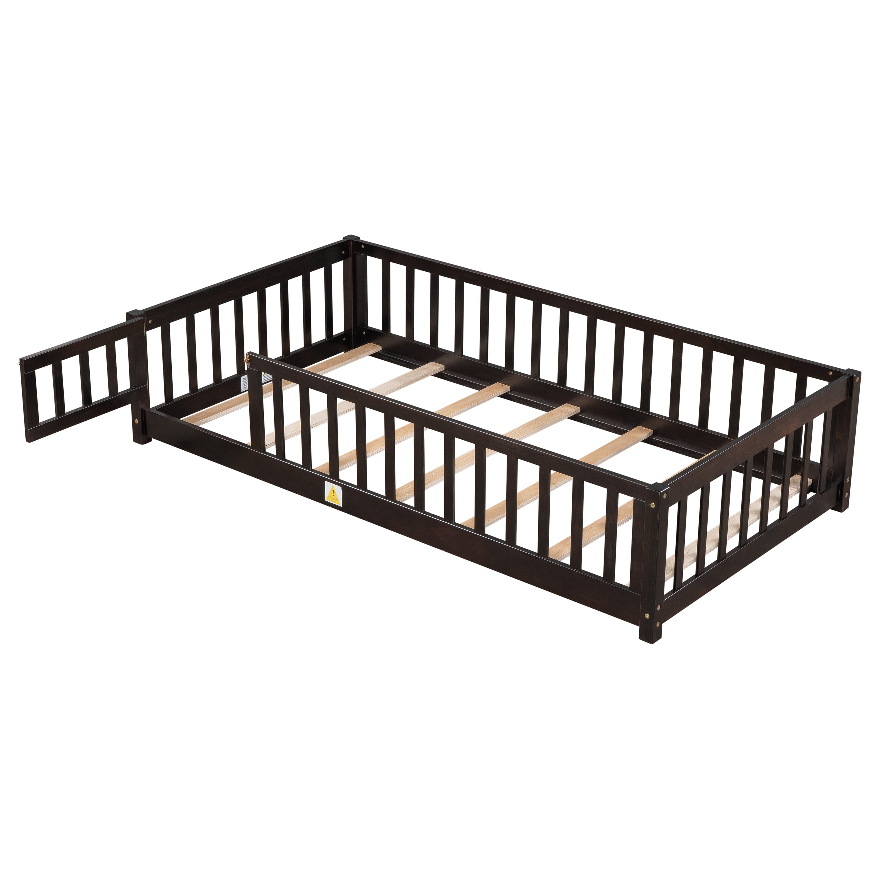 uhomepro Twin Size Wood Floor Bed Frame with Fence and Door for Kids, Toddlers, Espresso