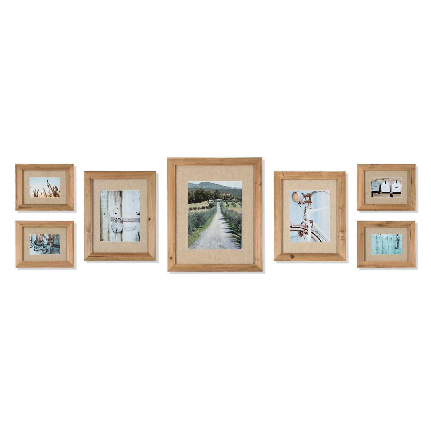 Gallery Perfect 7 Piece Rustic Wood Frame Gallery Wall Kit with Natural Linen Mat and Decorative Art Prints  Crowdfused