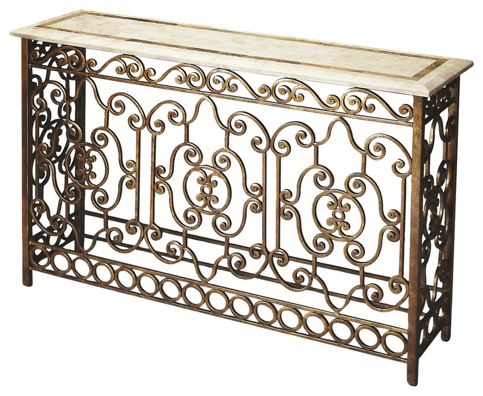 Butler Contessa Iron  ampFossil Stone Console Table   Mediterranean   Console Tables   by Kolibri Decor  Houzz