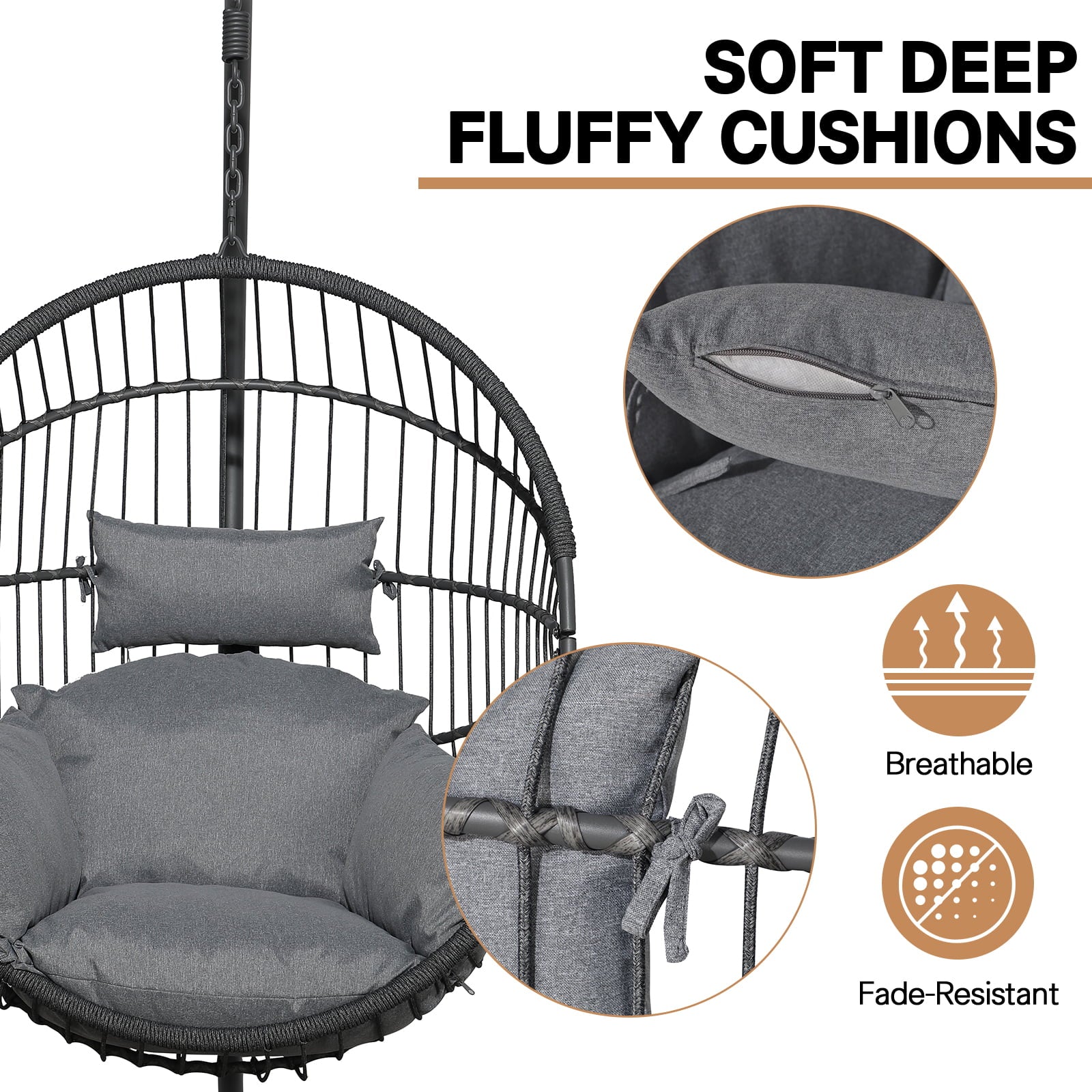 Patio Swing Egg Chair with Stand, Oversized Cocoon-Shaped Hammock Chair with Cushion, Dark Gray