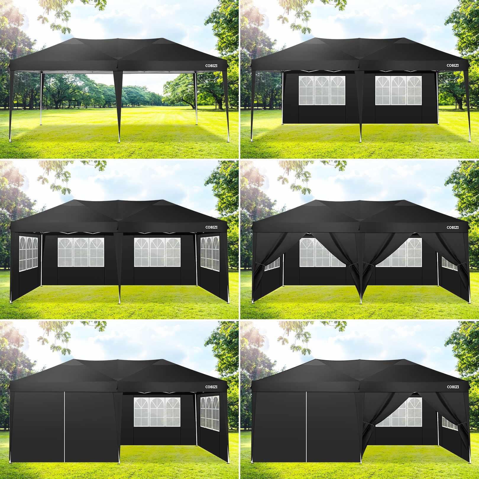 COBIZI Canopy 10' x 20' Pop Up Canopy Tent Heavy Duty Waterproof Adjustable Commercial Instant Canopy Outdoor Party Canopy with 6 Removable Sidewalls, Carry Bag, Black