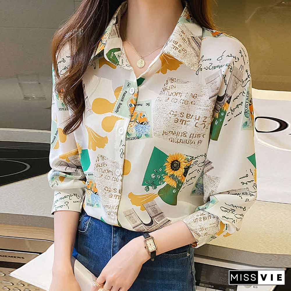 Vintage Floral Letter Print Long Sleeve Chiffon Shirt Workwear