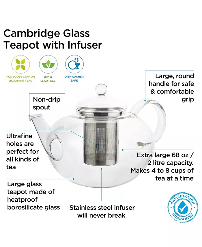 GROSCHE Cambridge Large Glass Teapot with Stainless Steel Tea Infuser 68 fl oz Capacity