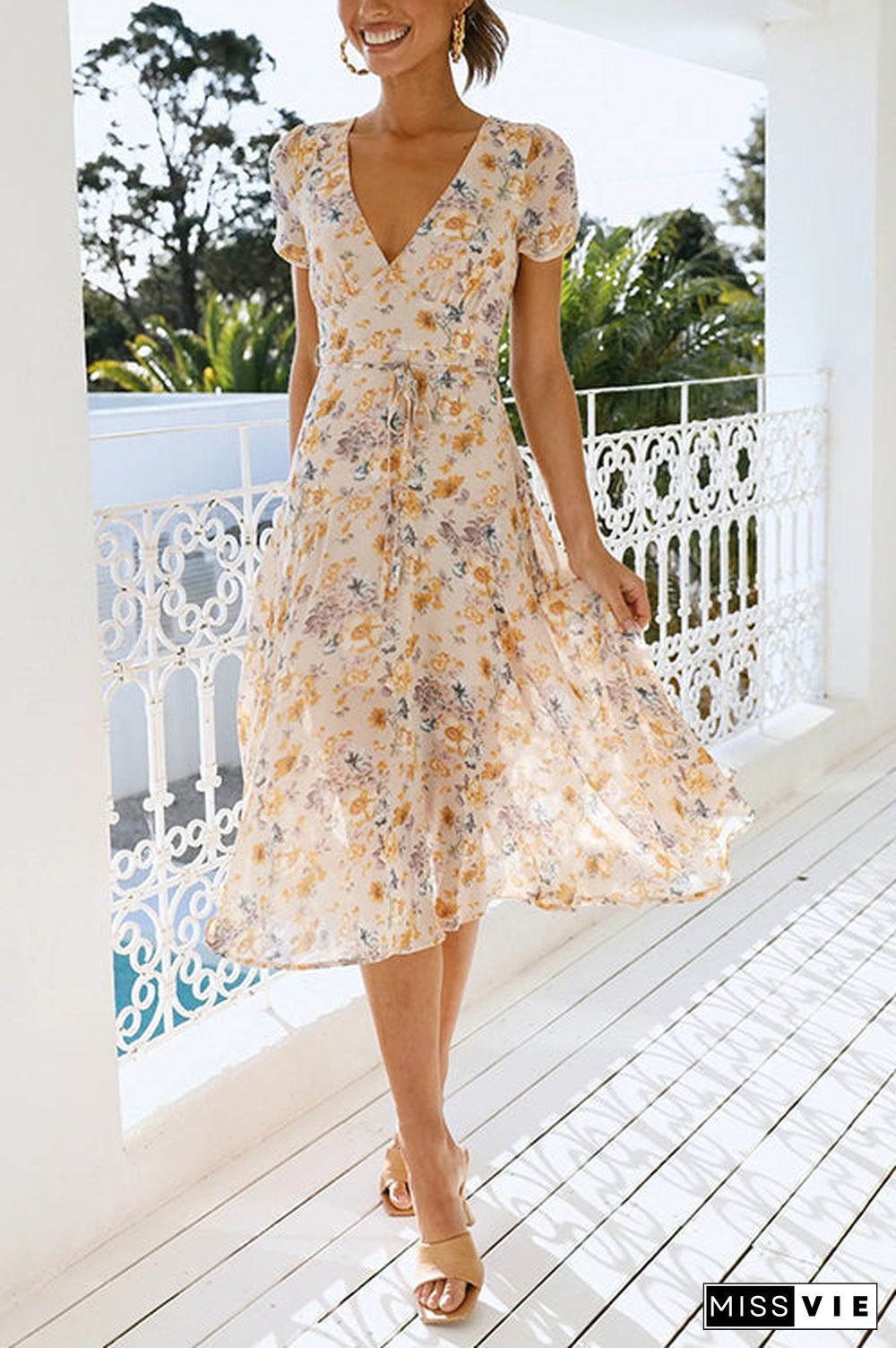 Floral Print V Neck Midi Dress