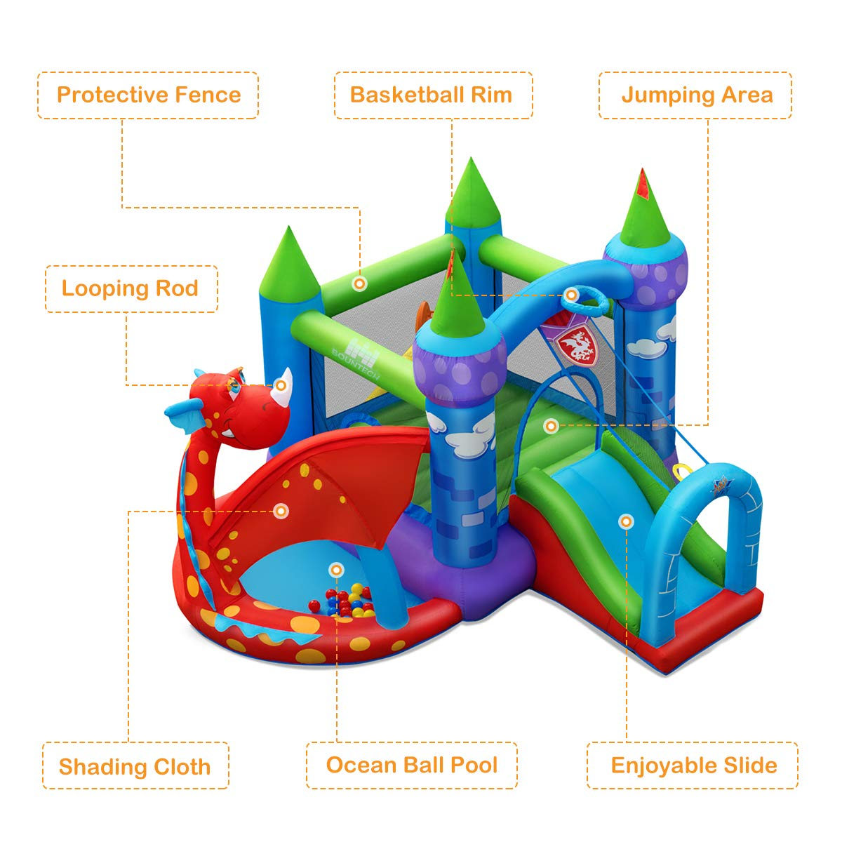 BOUNTECH Inflatable Bounce House, Dragon Jumping Castle Bouncer w/Slide, Jump Area