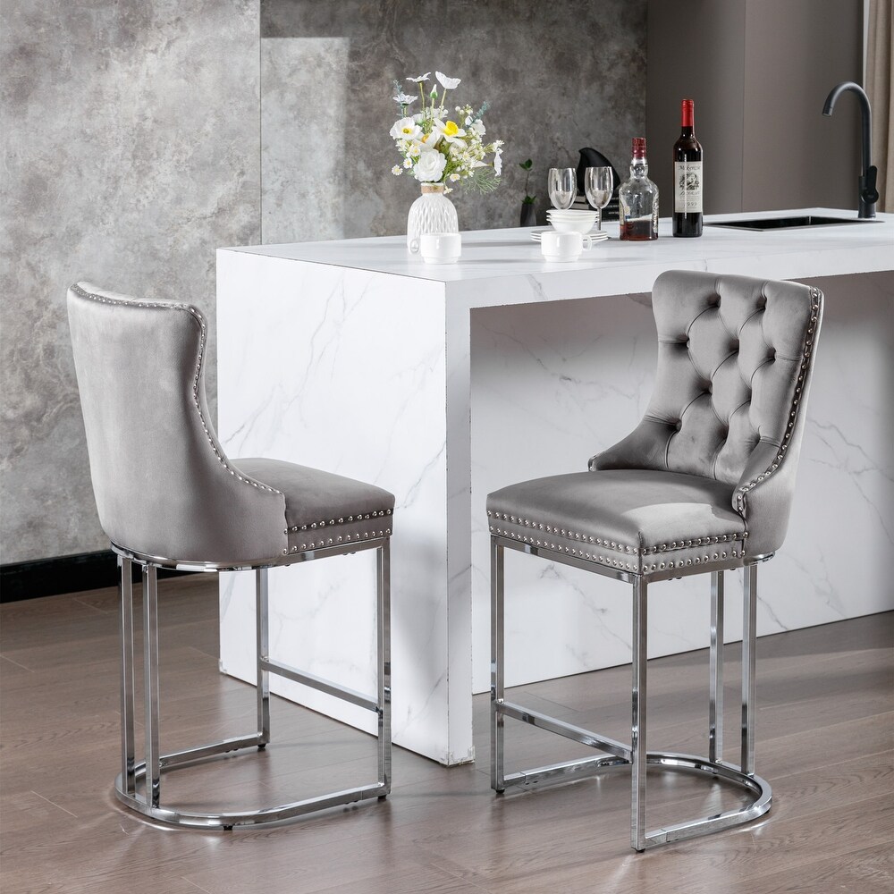 Wing Back Barstools Gray Bucket Seat Bar Stools Velvet Dining Chairs Nailhead Trim Bar Chair Counter Height Armless Stools