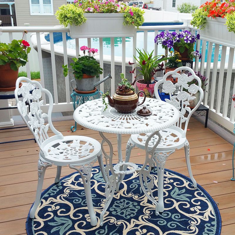 Sunnydaze Flower Design Cast Aluminum 3-Piece Patio Bistro Set - White