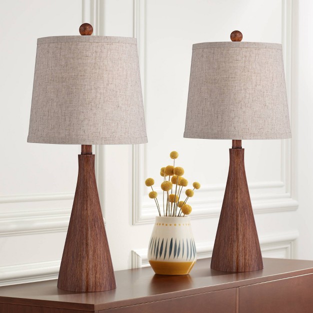 High Cone Small Mid Century Modern Accent Table Lamps Set Of 2 Brown Wood Finish Living Room Bedroom Oatmeal Shade