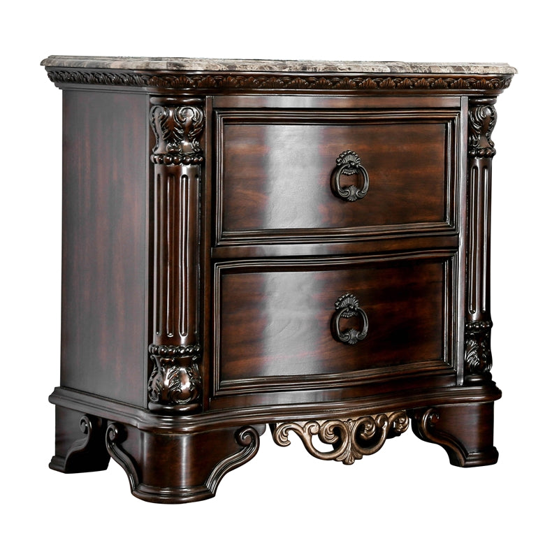 Jordan Transitional Wood and Marble Top Nightstand in Brown Cherry Set of 2