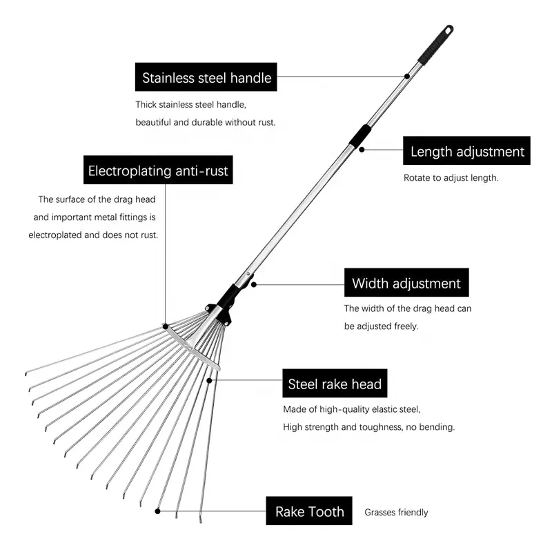 Adjustable Garden Leaf Rake Telescopic Metal Rake Expandable Folding Leaves Rake for Lawn Yard Flowers Beds and Roof