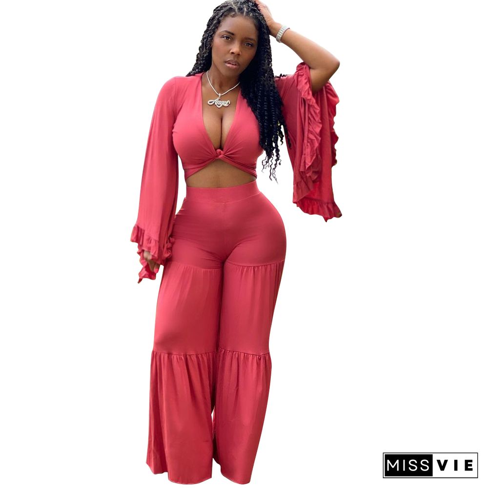 Solid Low Cut Crop Top Wide Leg Pants Set