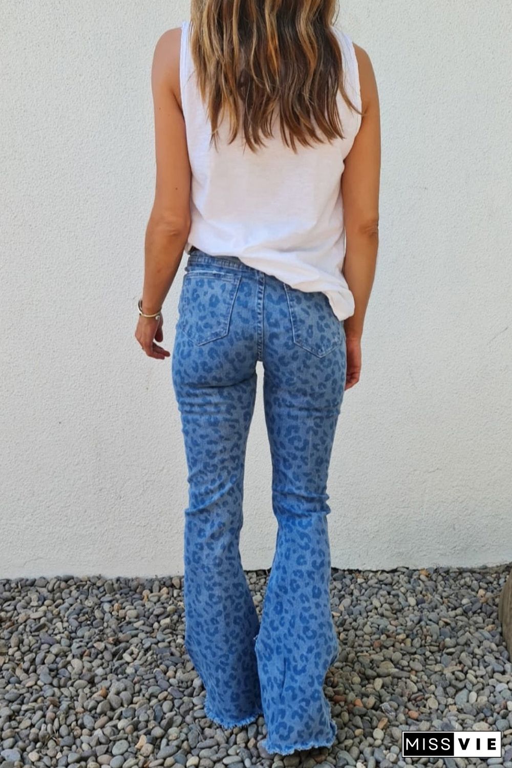 Sky Blue Leopard Print Raw Hem High Waist Flare Jeans