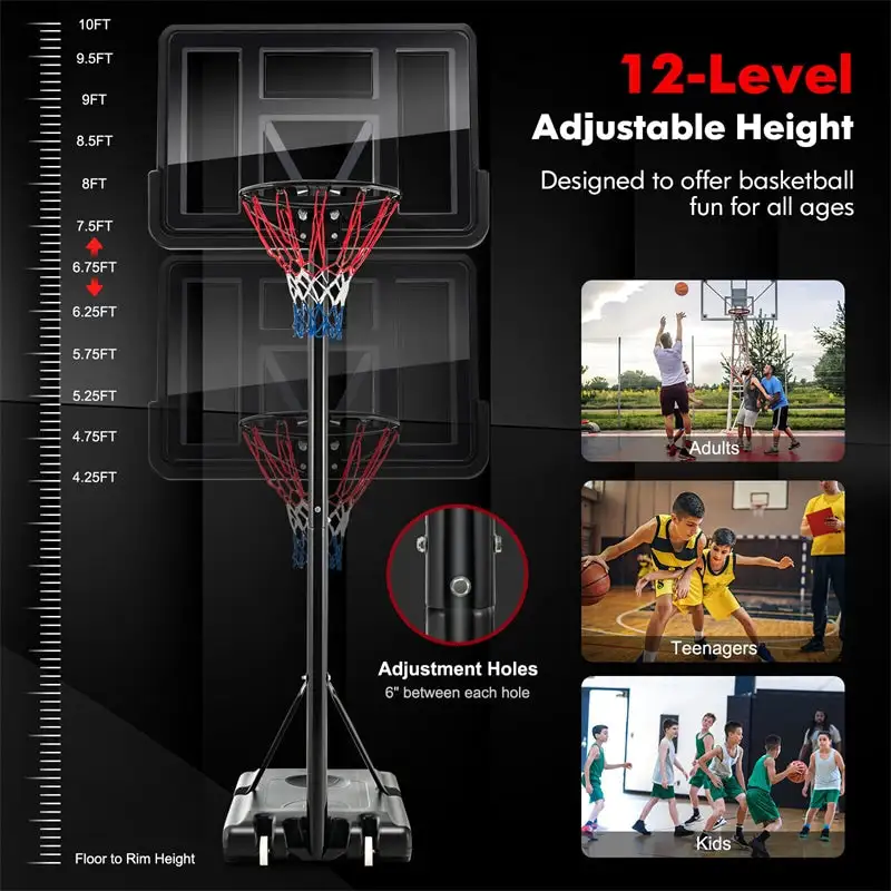 Outdoor Portable Basketball Hoop 12-Level Height Adjustable Basketball Goal System with 44 Inch Shatterproof Backboard for Kids Teens Adults