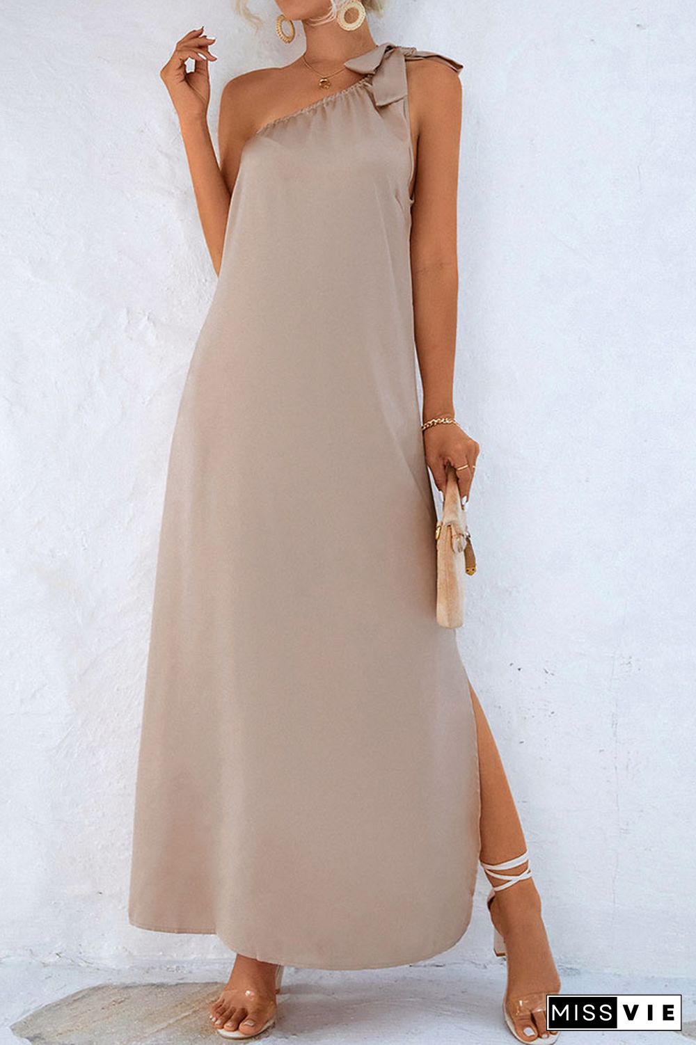 One Shoulder Tie Knot Split Maxi Dress