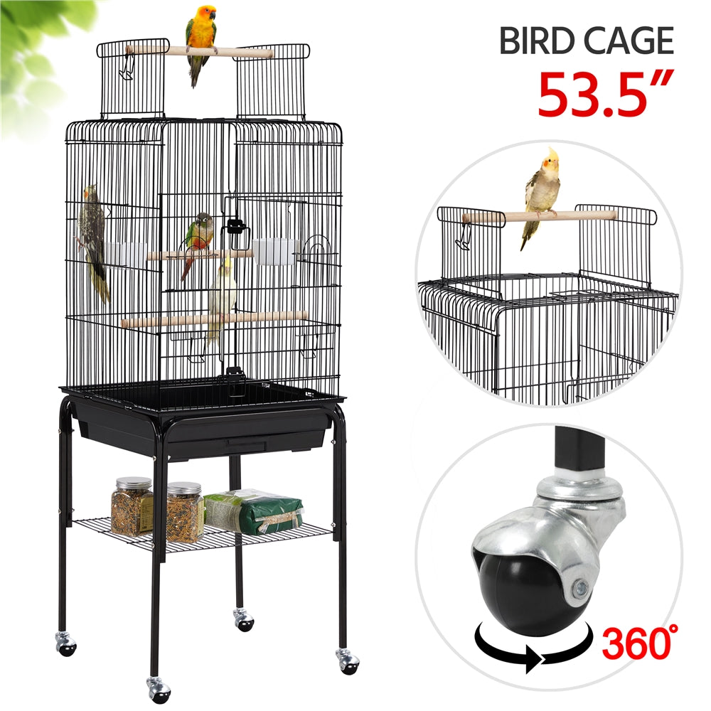 Topeakmart 53.5-inch Open Top Metal Bird Cage with Detachable Rolling Stand， Black