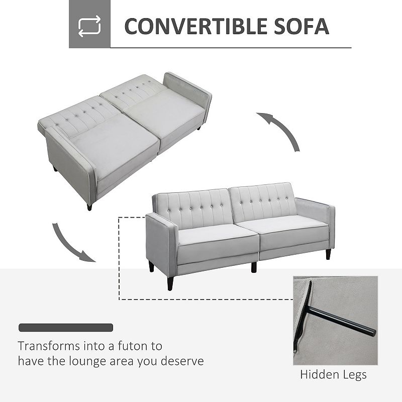 HOMCOM Convertible Sleeper Sofa， Futon Sofa Bed with Split Back Design Recline， Thick Padded Velvet-Touch Cushion Seating and Wood Legs， Light Grey