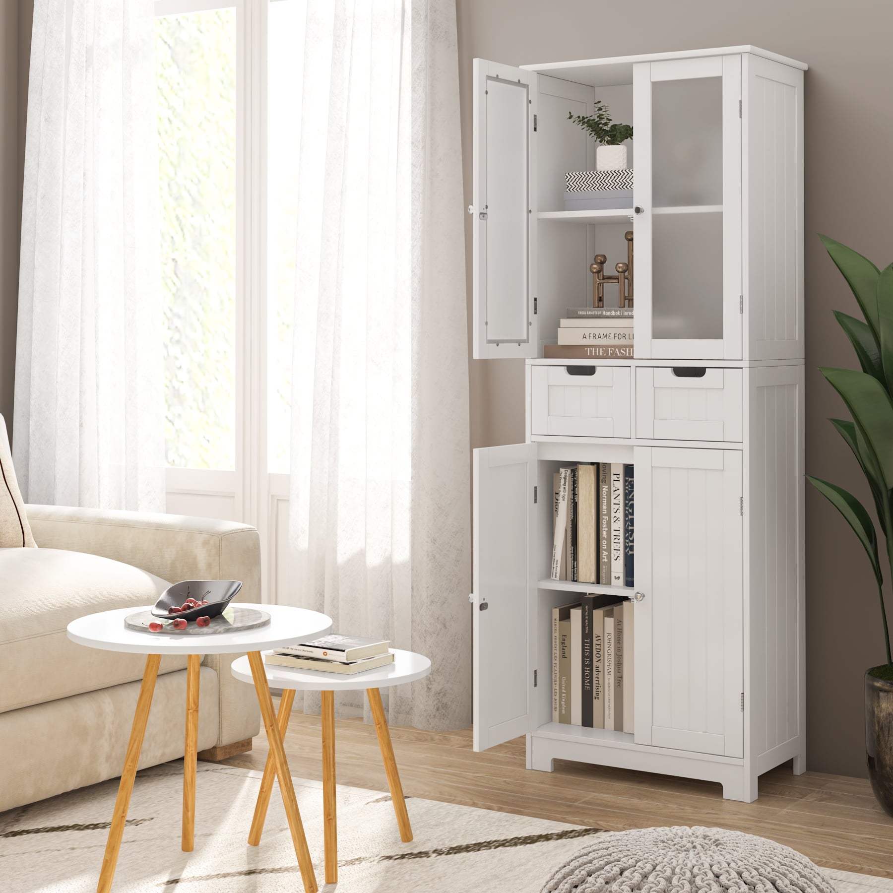 Homfa 4 Doors Linen Storage Cabinet, 3-Tier Wood Tall Cabinet Cupboard with 2 Drawers for Living Room Bathroom, White