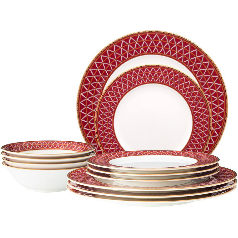 Noritake Crochet White and Deep Red Bone China 12-Piece Dinnerware Set (Service for 4) 4966-12E