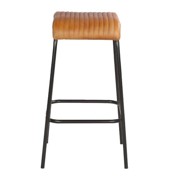 31 Inch Modern Bar Stool， Genuine Leather Seat， Iron Frame， Channel Stitched， Tan Brown， Black