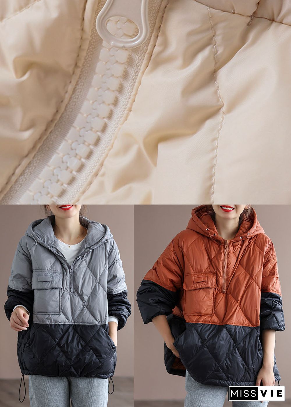 Boho Orange Patchwork Black hooded Loose Winter Down coat