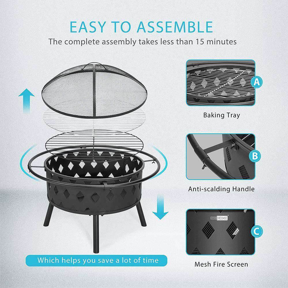 VIVOHOME 37.8 in. x 21.4 in. Round Iron Wood Fire Pit with Spark Screen Round Grill Grid Poker and Fireplace Cover (6-Piece) X002XH0CG1