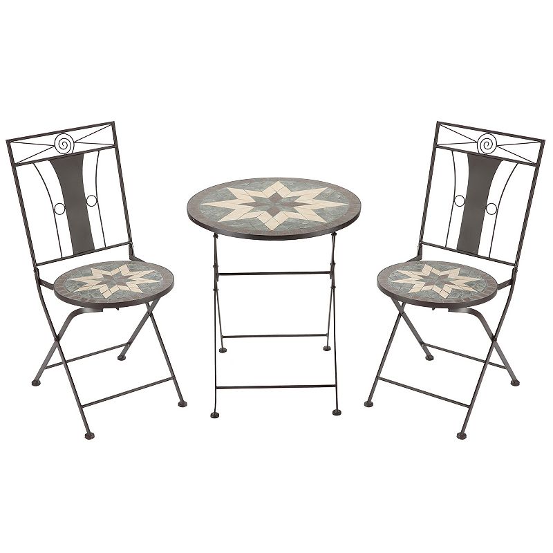 Outsunny 3 Piece Outdoor Patio Dining Bistro Set， 2 Folding Chairs， 8 Pointed Star Mosaic Folding Center Table for Garden， Poolside， Porch