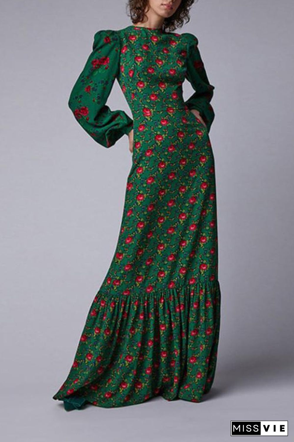 Floral Print Lantern Sleeve Green Maxi Dress P11873