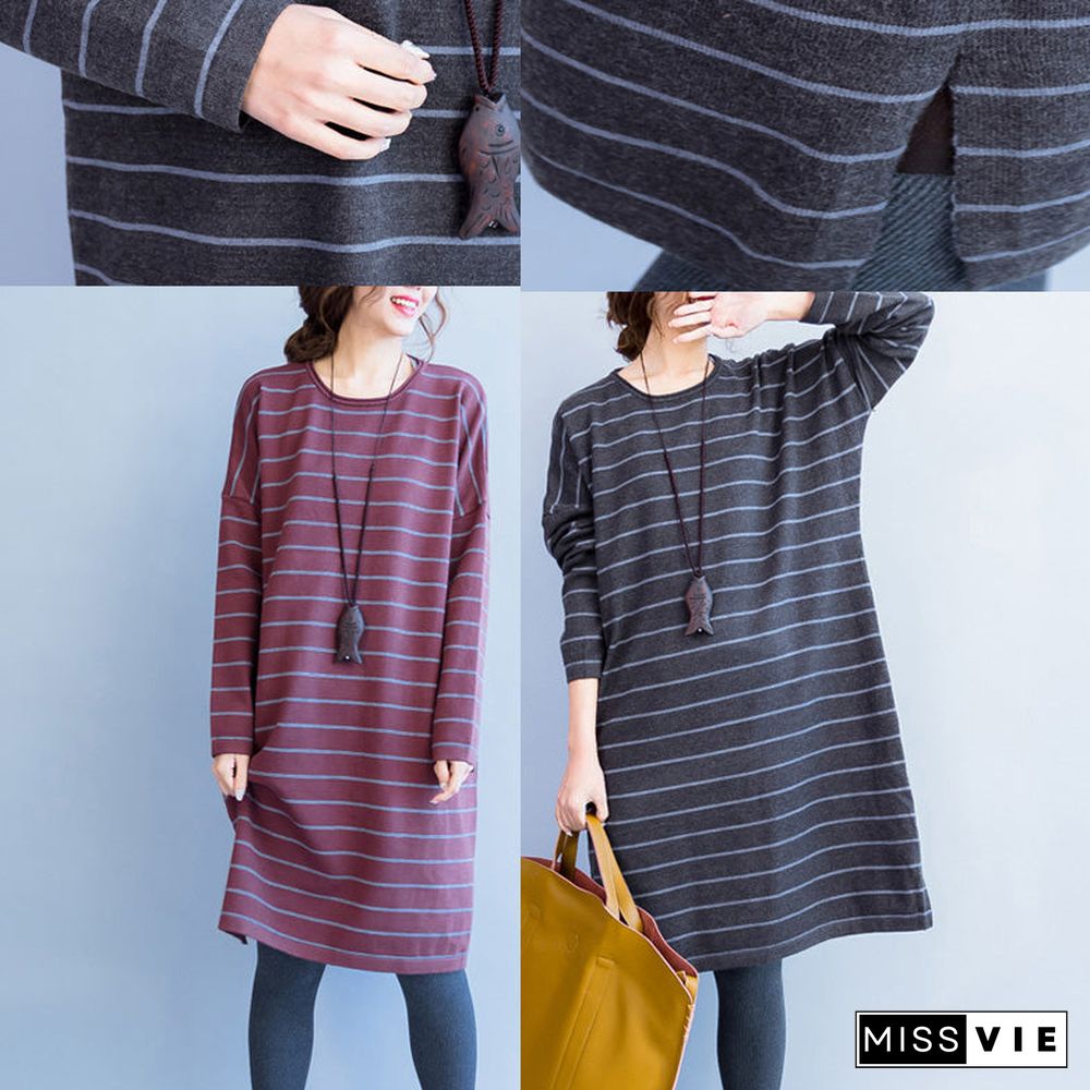 oversize gray striped knit dresses plus size women long sleeve sweater dress side open