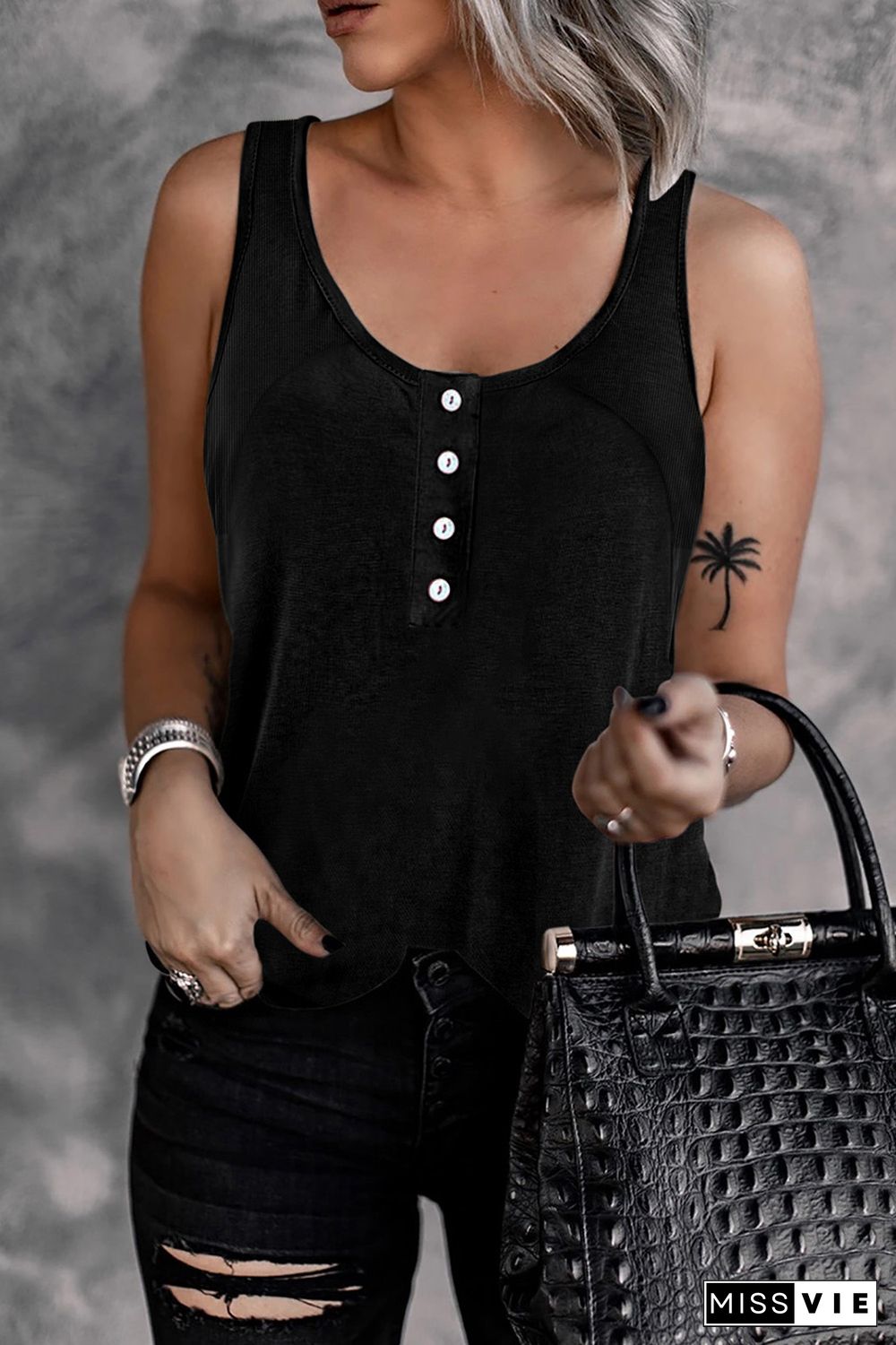 Black Button Loose Tank Top