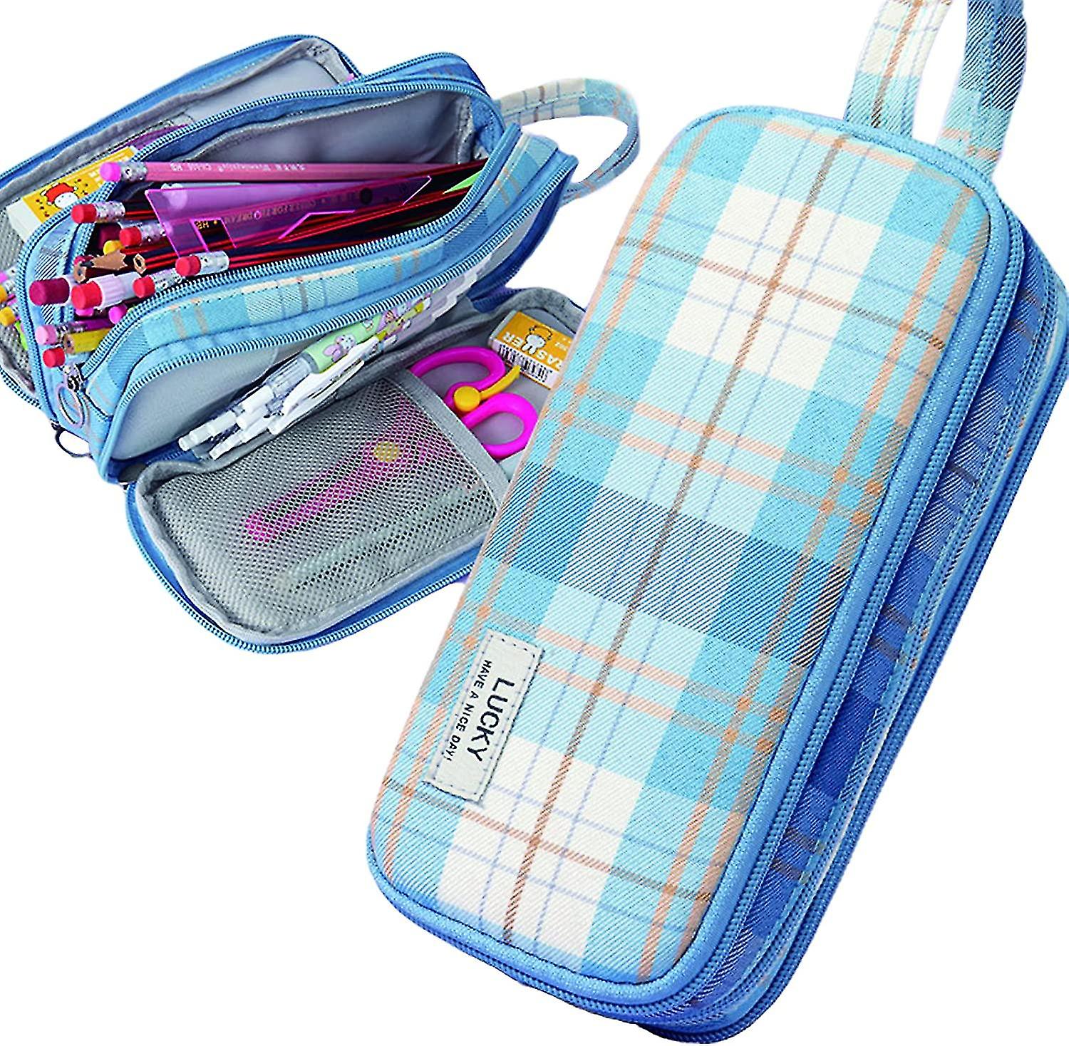 Veeki Pencil Bag Aesthetic Pencil Case Large Capacity Multi-slot Pen Bag With Three Zipper Grid Mesh Fabric Zipper Pen Pouch For Office School Supplie