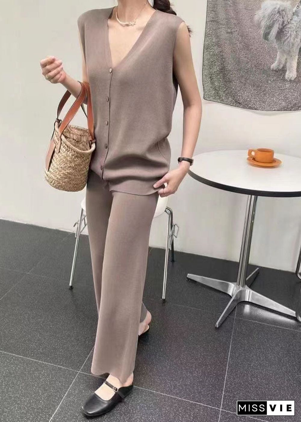 Stylish Coffee V Neck Tops And Pants Knit Two Piece Set Summer